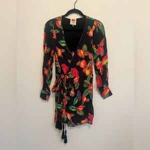 Farm Rio Mango Print Long Sleeve Wrap Dress